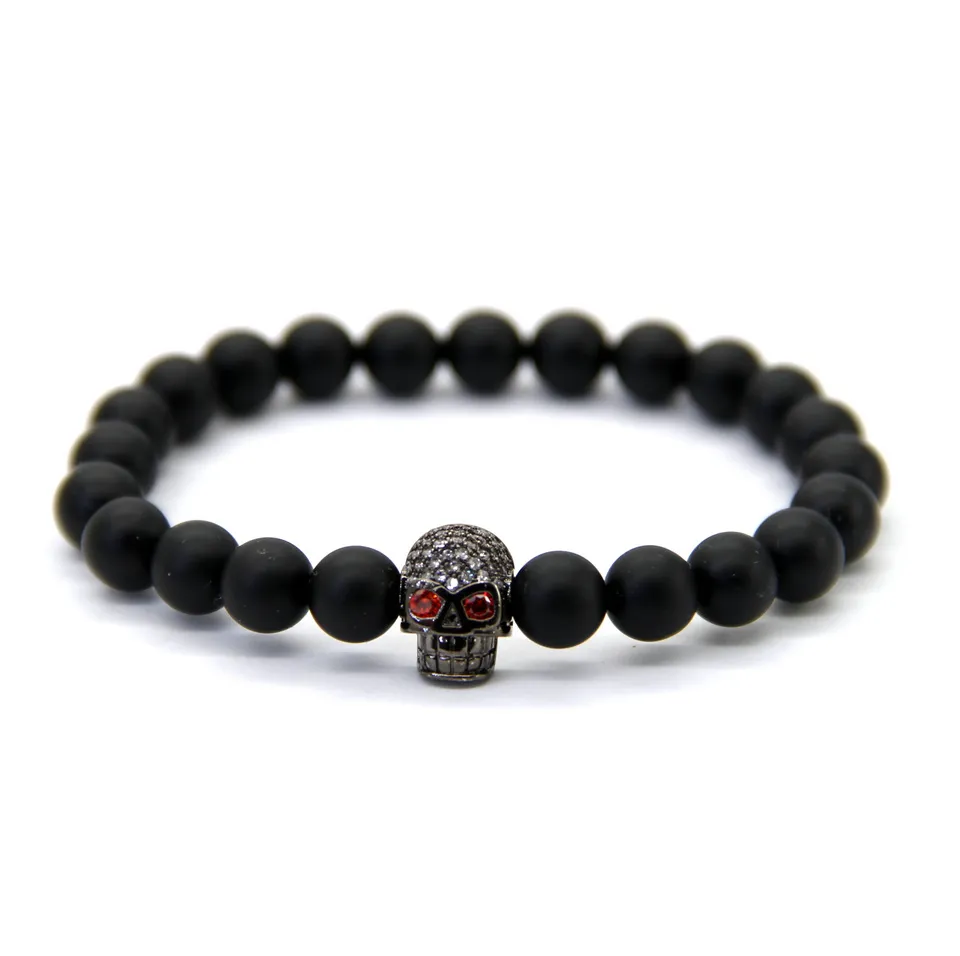 Hot Sale Retail Mens Jewelry 8mm Natural Stone Beads with Micro Inlay Zircon Skull Bracelets