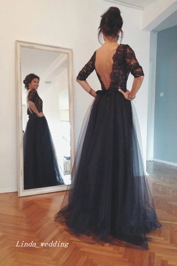 Gratis verzending klassiek met mouw prom dress nieuwe zwarte backless lange tule formele queensize partij jurk