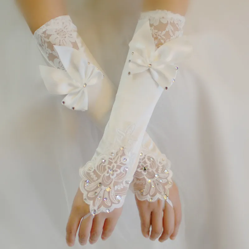 Ivory Satin Bridal Gloves Beads Lace Cheap Fingerless Long Ladies Dress Glove Bow Fast Wedding Accessories292T