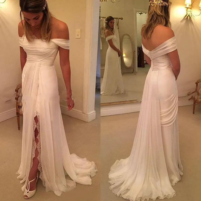 Simples 2016 Chiffon Praia Vestidos de Casamento Barato Fora Do Ombro Plissados ​​Lace Side Dividir Longos Vestidos de Noiva Custom Made China EN90218