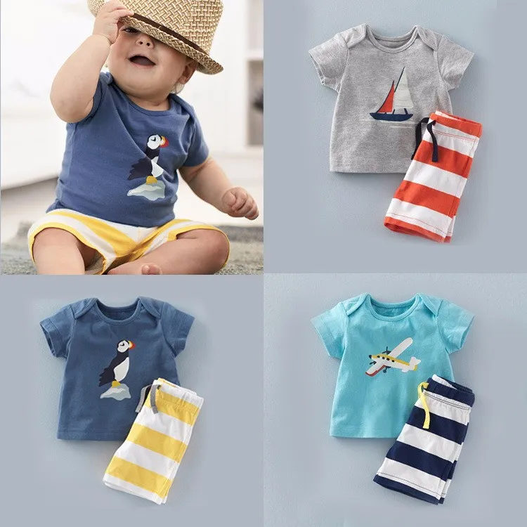 2016 Lato Baby Boys Kotwicy Zestawy Top T Shirt + Spodnie pasków Dzieci Krótki Rękaw Butik Stroje Dzieci Letnie Piżamy Garnitku Dzieci Odzież