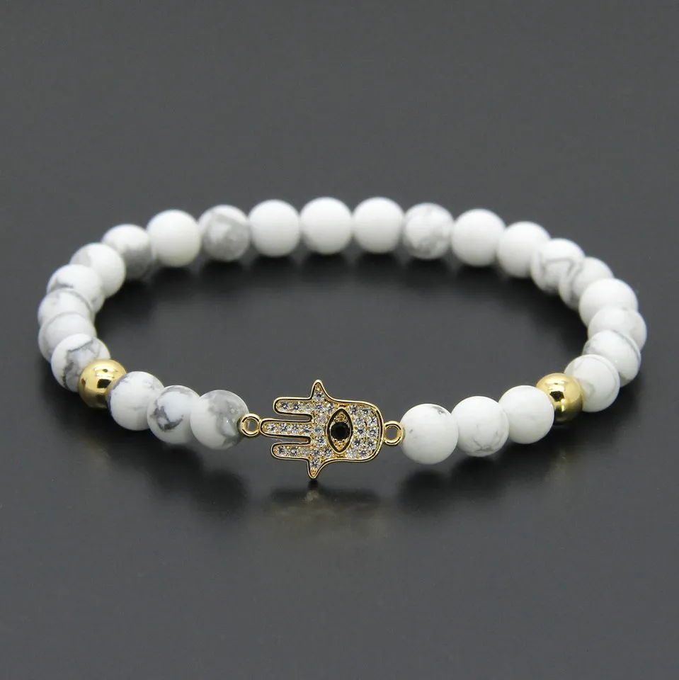 Hurtownie 6mm Natural White Howlite Marmur Kamienne Koraliki Micro Pave Cyrkony Fatima Hamsa Charm Bransoletki Dziewczyna Prezent