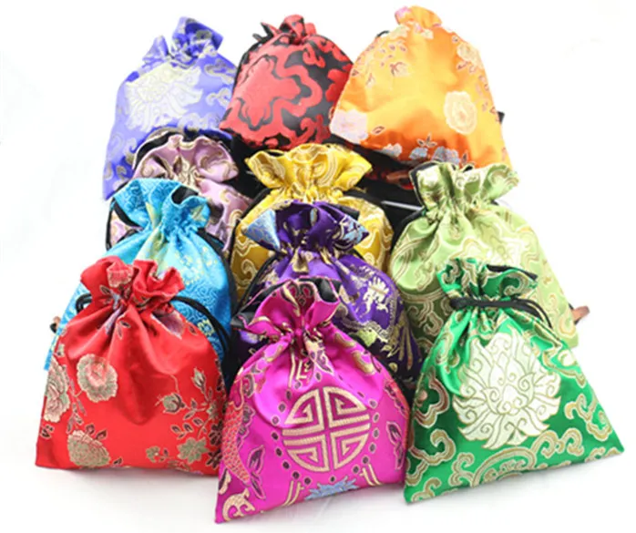 Luxury Floral Large Candy Favor Bags Cloth Art Chinese Silk Drawstring Gift Packaging Pouches Trinket Storage for Weddings Birthday Party