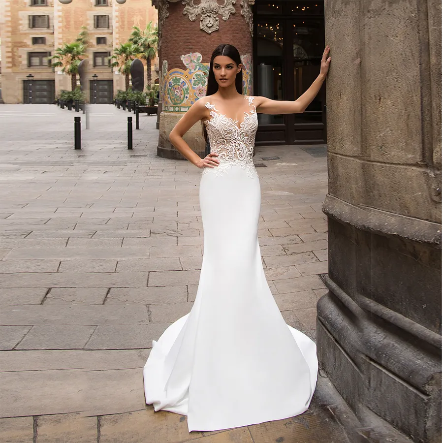 White Satin Mermaid Wedding Dress with Sheer V neck Embroidered Lace Top and Open Back