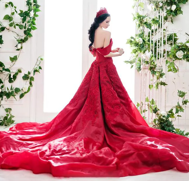 Abiti da sposa sexy splendidi rossi fuori dal vestito da cerimonia nuziale del organza del ricamo della spalla Cina con abiti nuziali sexy posteriori su ordine del treno lungo