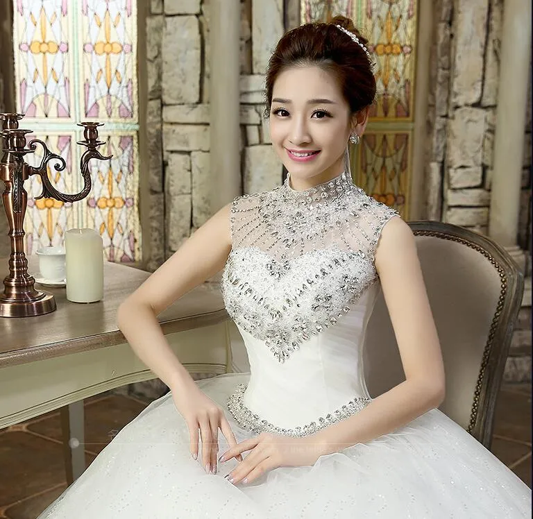 Crystal Sheer Beaded High Neck Wedding Dress Ballgown Style Sleeveless ...