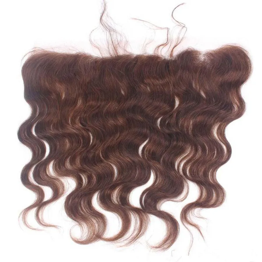 Peruvian Body Wave Virgin Hair Weaves With Lace Frontal Choklad Brun Lace Closure With Buntles Färg # 4 Medium Brown Hair Frontal