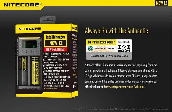 2016 nouvelle Version 100% chargeur de batterie d'origine Nitecore I2 chargeur de batterie Nitecore EU/US pour 16340 10440 14500 18650 26650