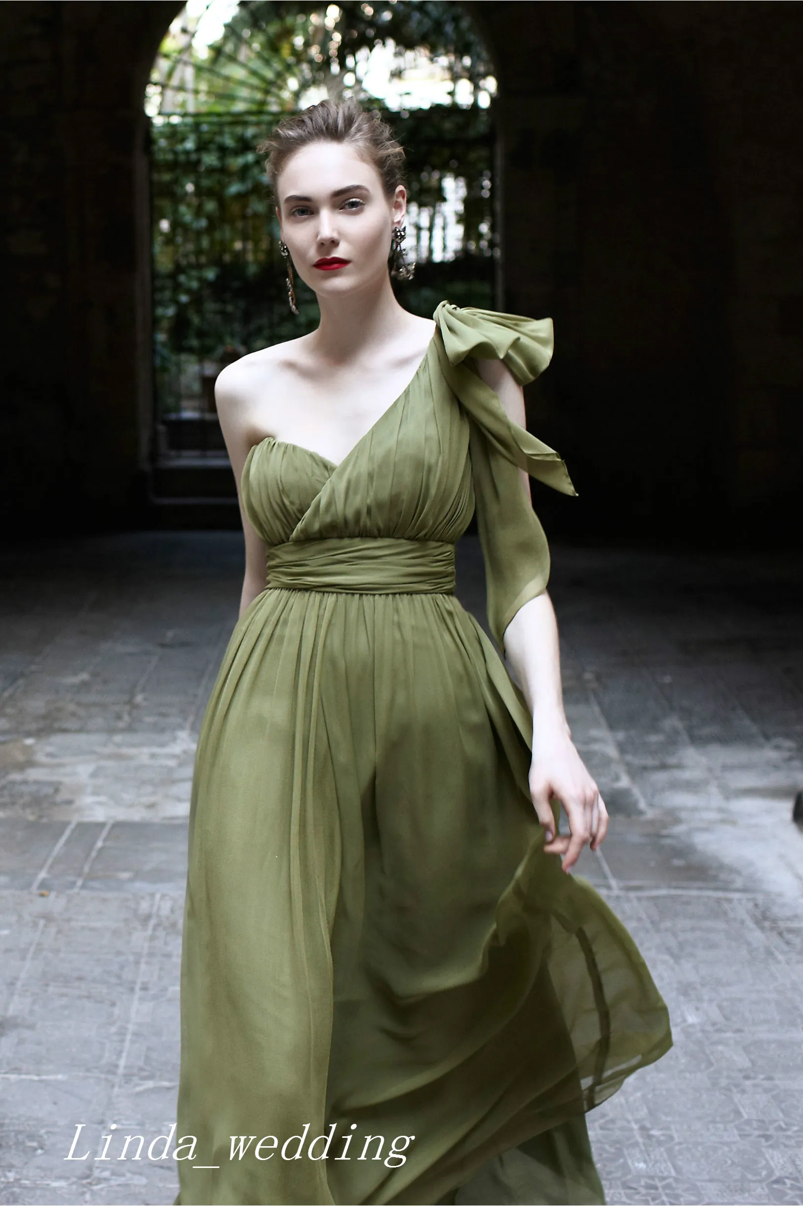 Olive Green Bridesmaid Dress One Shoulder Chiffon... From Linda_wedding,  $107.24 | DHgate.Com