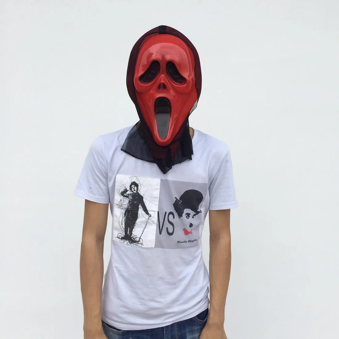 En vente masque fantôme rouge avec glauze noire masque complet de fête d'Halloween Costume de diable effrayant couleur rouge livraison gratuite