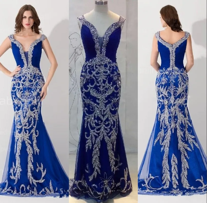Mermaid Evening Dresses 2023 Luxury Designer Prom Dress Off the Shoulder Crystal Sequined Bling Royal Blue Tulle Formal Pageant Gowns