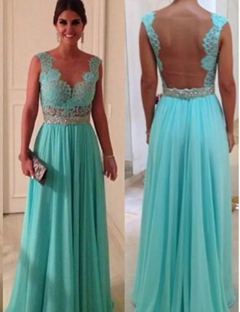 Venda quente Barato Turquesa Vestidos de Noite Sheer Neck Voltar Ver Através Azul Turquesa Longo Prom Vestido Em Estoque 2019