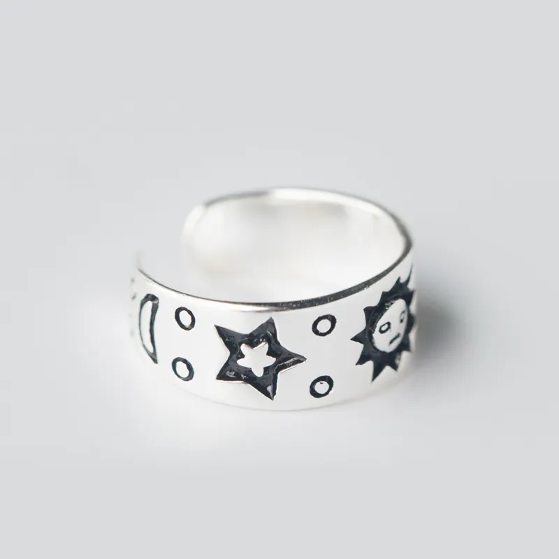 Anillo de la forma de la estrella de la luna de la muchacha de la moda del sol de la muchacha Sólido Real 925 de la plata esterlina de la plata esterlina Anillos de apertura ajustables con una banda pulida alta