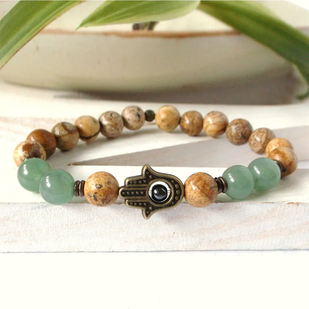 SN0306 livraison gratuite bracelet Hamsa vert aventurine image jaspe bracelet Hamsa main bracelet pierre naturelle bracelet de yoga
