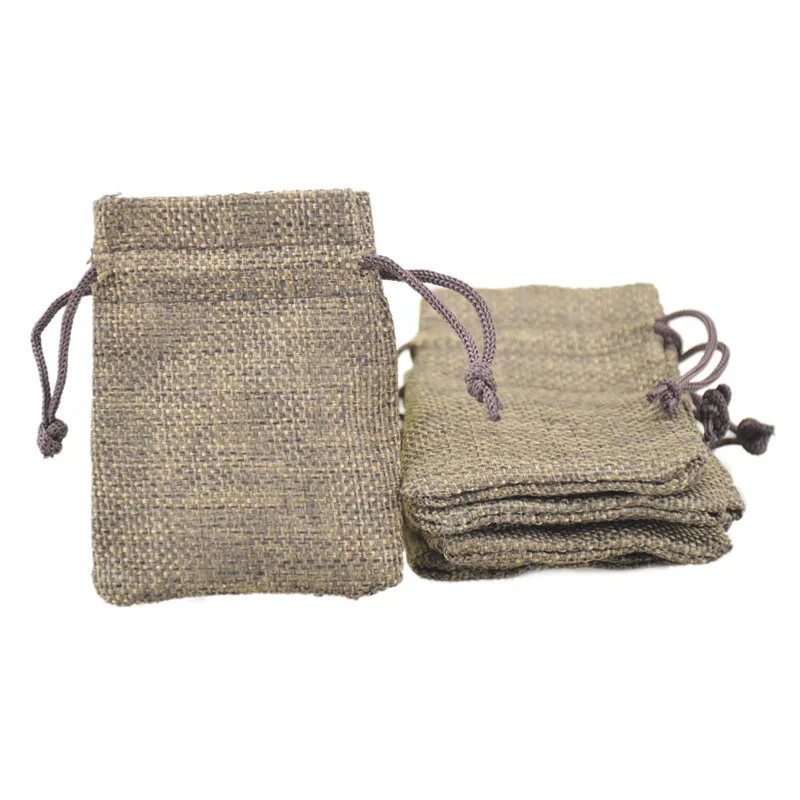 7x9cm Anpassad Faux Jute Drawstring Smycken Väskor Godispärlor Små påsar Burlap Blank Linne Fabric Presentförpackning Väskor Brun Färg