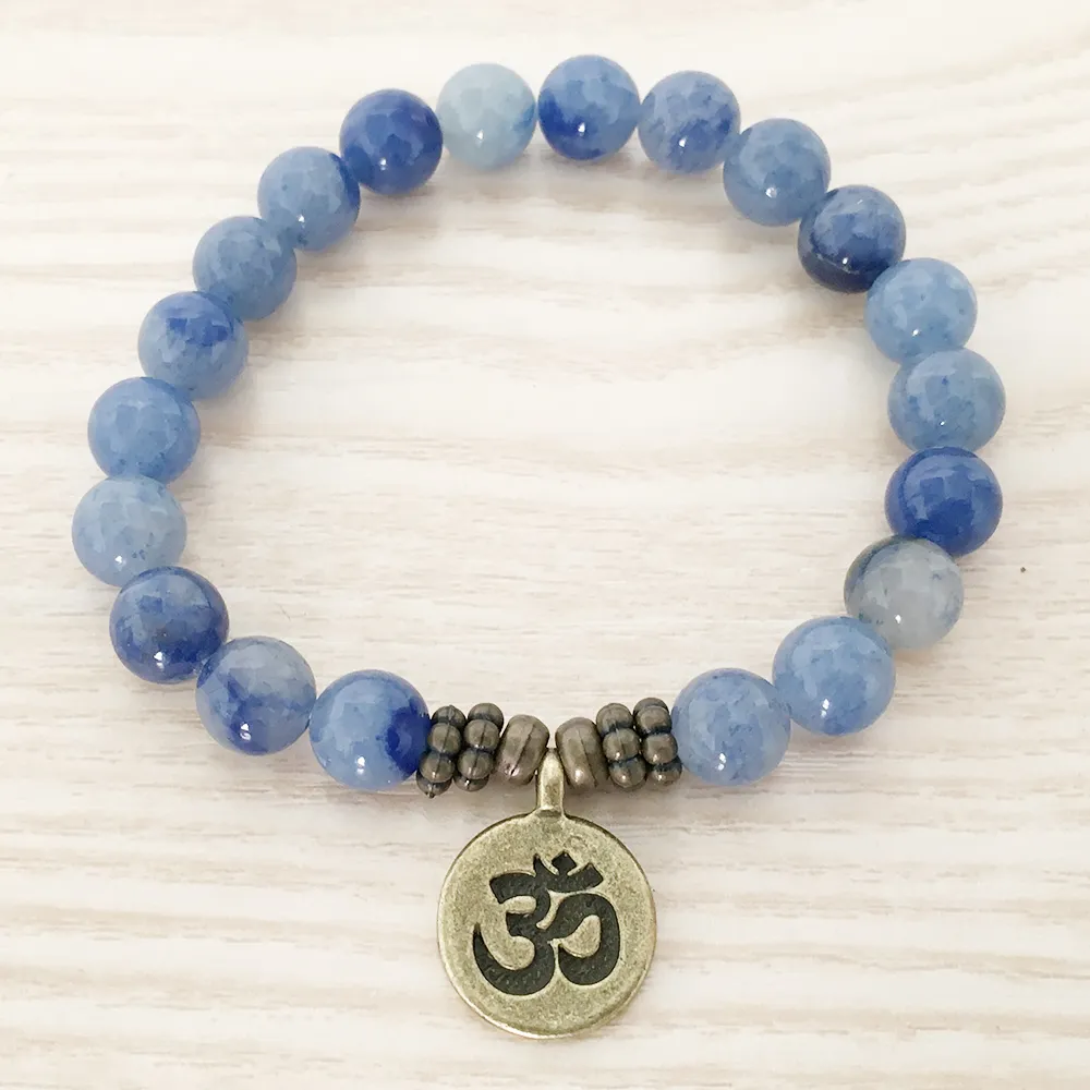 SN1108 High Quality Handmade Bracelet Blue Aventurine Bracelet Antique Brass Om Buddha Lotus Charm Bracelet Best Gift For Him