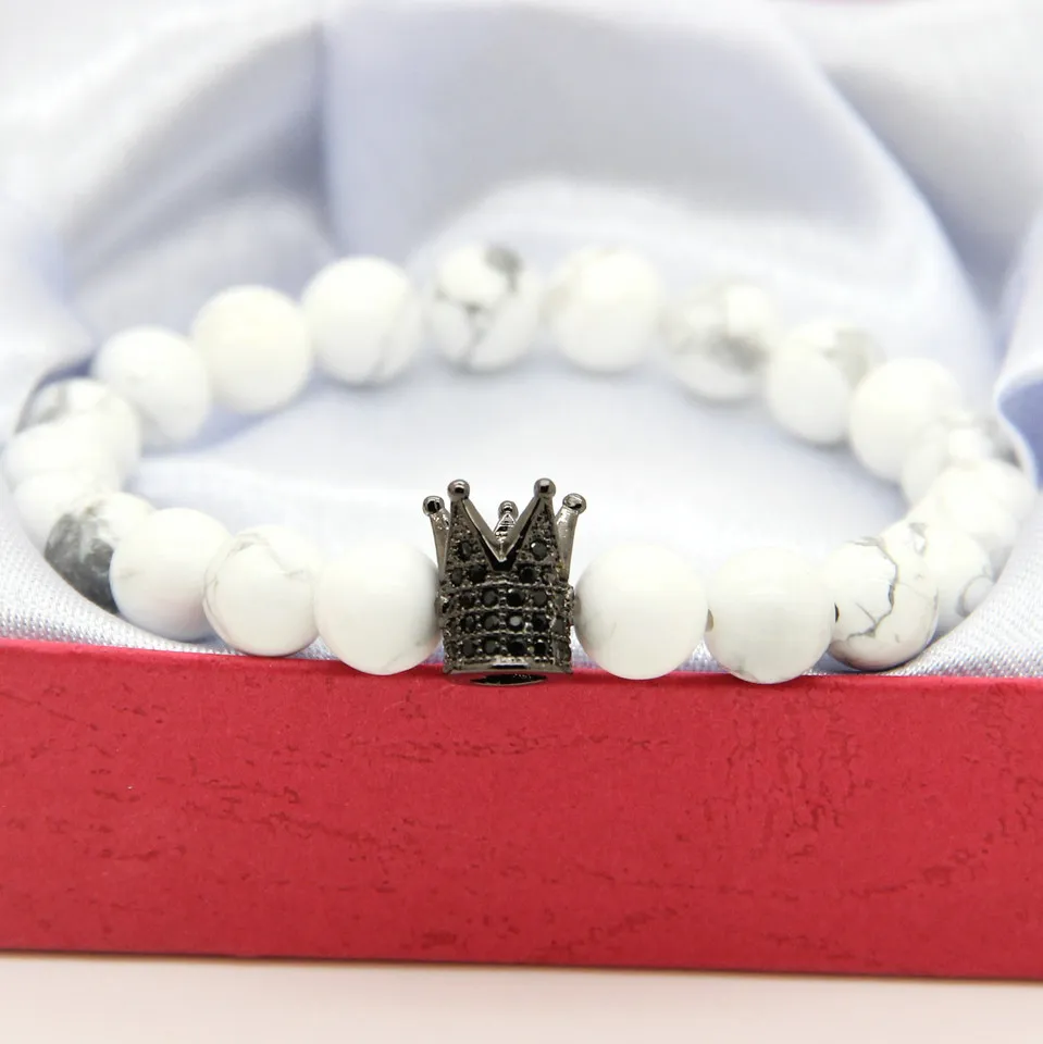 Partihandel 10st / Vit Howlite Marmor stenpärlor Micro Inlay Black CZ Pärlor Crown Mens Armband