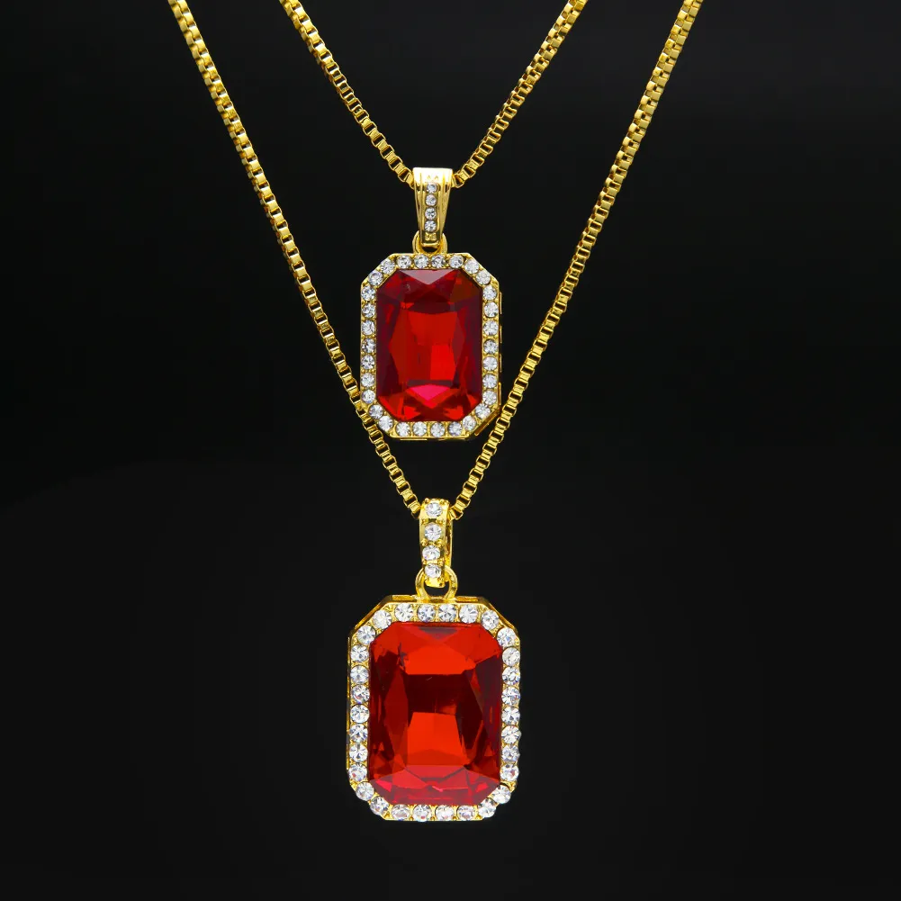 2 pcs Conjunto de Colar de Rubi Banhado A Ouro de Prata Iced Out Quadrado Vermelho Rubi Que Bling Strass Pingente de Colar de Hip Hop Caixa de Jóias Cadeia