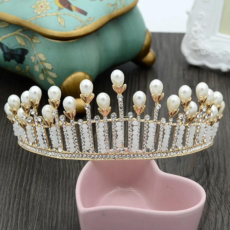 High Quality Luxury Gold Silver Pearl Crown Elegant Princess Rhinestone Tiara Bridal Jewelry Wedding Prom Party Hair Accessory Hea9012367