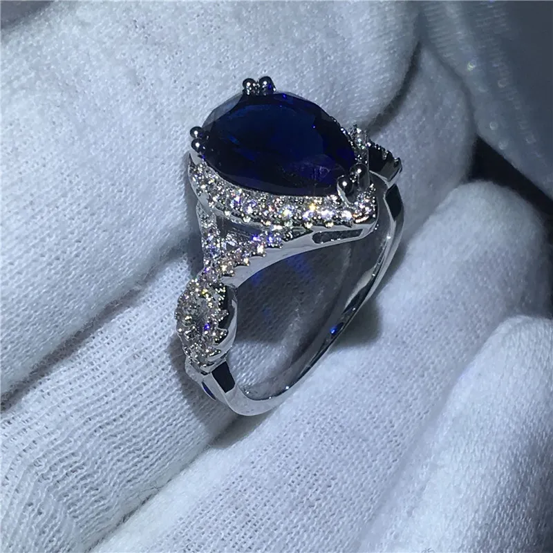 Classic Ring Pear Cut 6ct Blue Zircon Crystal White Gold Filled Party Wedding Band Ring för Kvinnor Män Julklapp