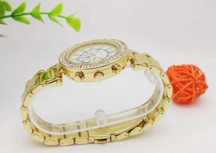 M marca diamante Japón movimiento cuarzo muñeca Oro acero inoxidable Relojes Moda de negocios Hombres mujeres Calidad superior plata dorada wris301n