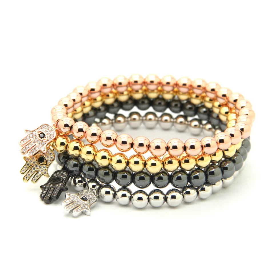 도매 10pcs / lot 6mm 라운드 청동 구슬 마이크로 인레이 지르콘 파티마 핸드 Hamsa Cz Beads Strech Bracelets