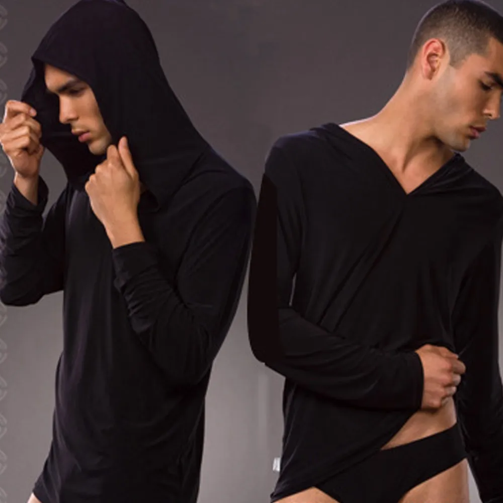 Gratis frakt n2n yoga wear mens sexiga pyjamas sovkläder manlig mantel masculino yoga tröja Casual wear hooded silkeslen polyester