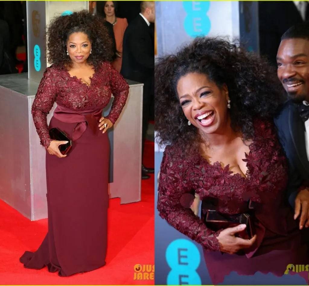 Oprah Winfrey New Designer Burgundy Sheath Mother of the Bride Dresses V-Neck Lace Long Sleeves Plus Size Mother of Groom Dresses