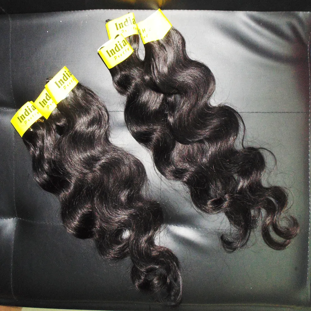 Partihandel Bearbetad Indisk Pure Human Bouncy Hair Weaving Extensions / Silkly Body Wave Wefts