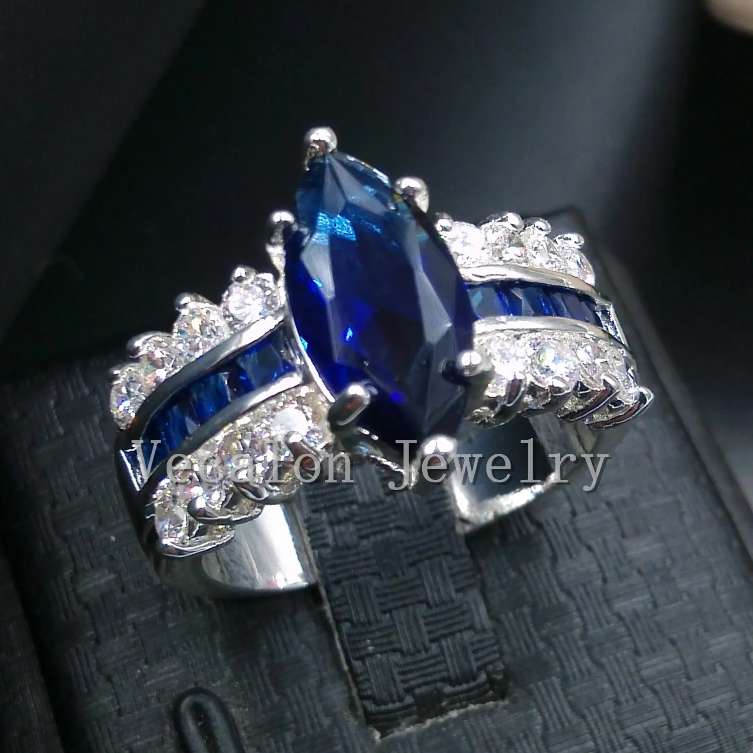 Vecalon Marquise Cut 5ct Sapphire Diamante simulato Cz 925 Sterling Silver Fede nuziale di fidanzamento Set fascia da donna
