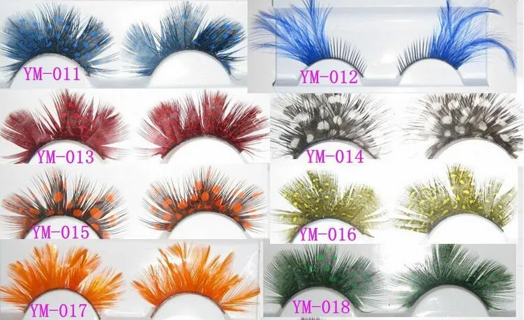 Faux cils de plumes colorées pour le maquillage de fête ou les cils de plumes de taches blanches maquiagem exagérées