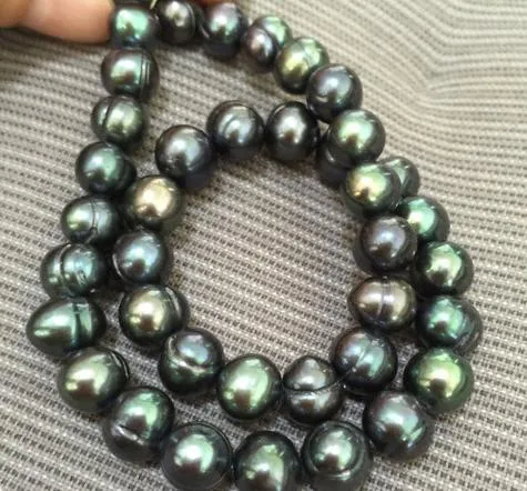 10-11mm baroque black green pearl necklace 18 inch 14K gold clasp