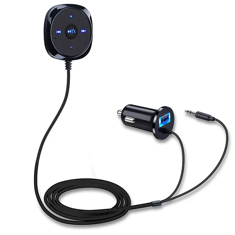 Support Siri mains sans fil Bluetooth kit de voiture 3 5mm AUX Audio récepteur de musique lecteur mains haut-parleur 2 1A USB chargeur de voiture 276R