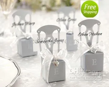 Free Shipping 12pcs Wedding Faovrs Miniature Silver Chair Favor Box with Heart Charm Ribbon&Paper card Cheap Party Favors