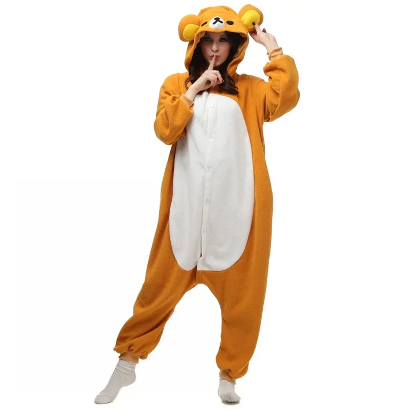 잘 만들어진 2016 New Fleece Rilakkuma Bear Kigu Pajamas Anime Cosplay Costume Unisex 성인 leypwear 만화 곰 점프 수트 무료