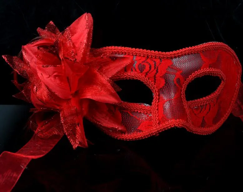 sexy Nero bianco rosso Donne Maschere di travestimento veneziano con piume un ballo in maschera Maschere di fiori di pizzo i HJIA8701365979