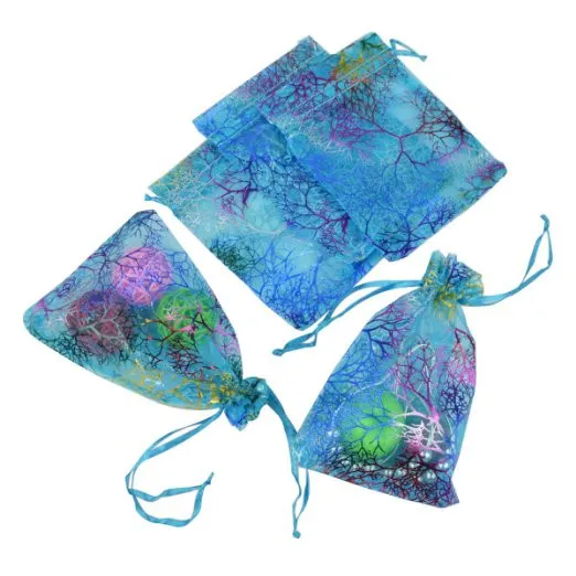 Coralline Organza Trekkoord Sieraden Verpakking Zakken Party Snoep Bruiloft Gunst Gift Tassen Design Sheer met Gilding Patroon 10 x 15 cm 100 stks