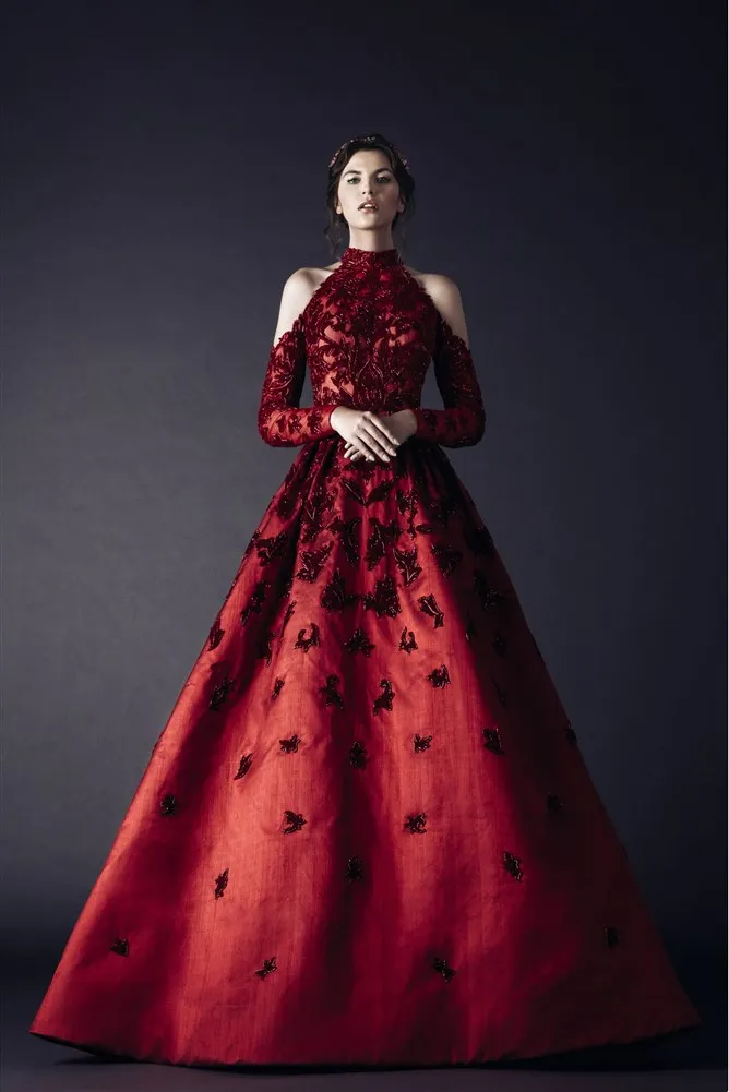 Czerwony Długie Rami Kadi Suknie Wieczorowe Delikatne Zroszony Wysoka Neck Prom Sukienka Długie Rękawy Długość Piętro Formalne Suknie Wieczorowe