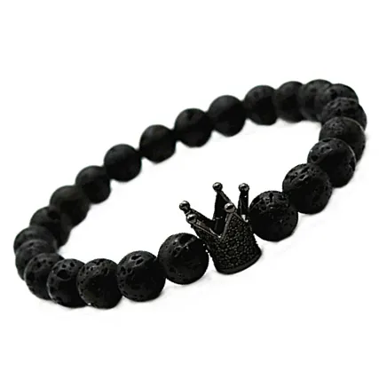 Micro Pave Black CZ Zirconia Gold Plated Crown Beaded Strands Bracelet Jewelry Dull Polish Matte Stone Bead Bracelets For Men