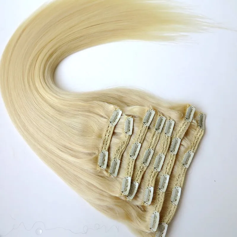 Clip in Hair Extensions Brazylijski Human Hair 20 22inch 60 # / Platinum Blonde Extensions Extensions 260g 7 sztuk / zestaw