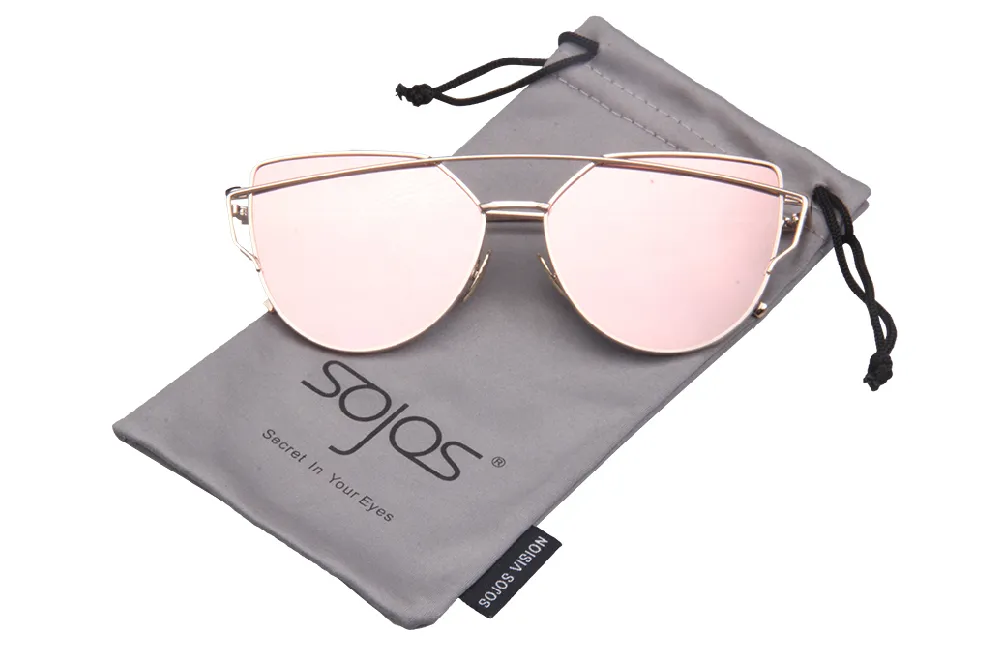 Venta al por mayor-SOJOS Recubrimiento Espejo Gafas de sol Mujer / Hombre Gafas de sol de ojo de gato Moda Nuevo Twin-Beams Gafas de sol de color rosa oculos de sol 1001