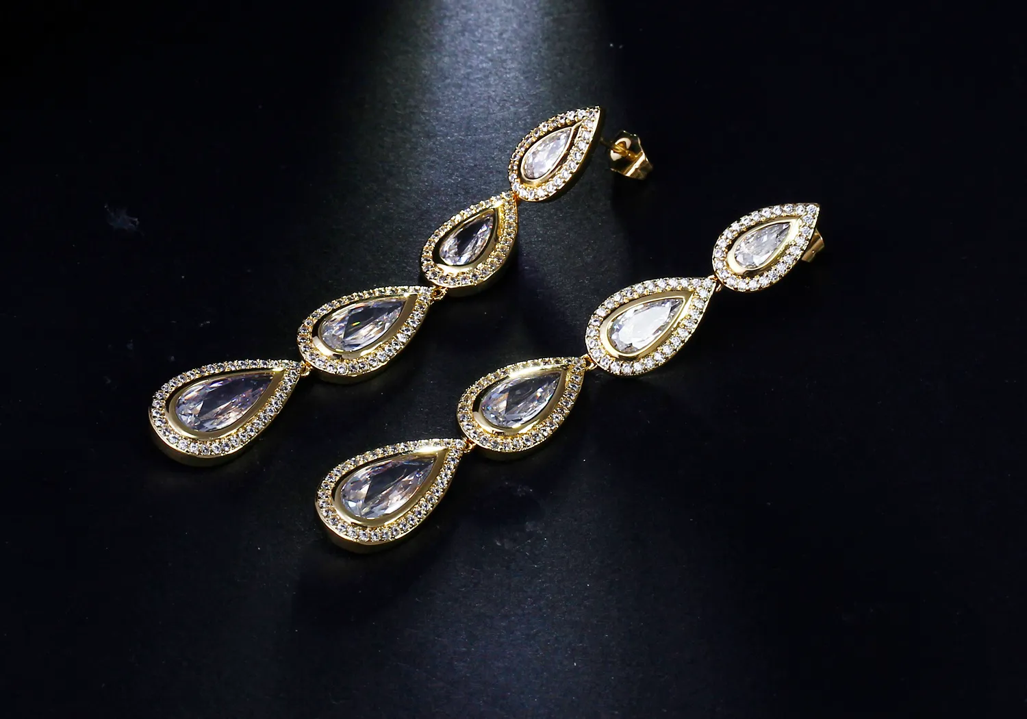 Gold plate Long Earrings, Setting with Water Drop Cubic Zirconia, Plating 18k Earrings for Women