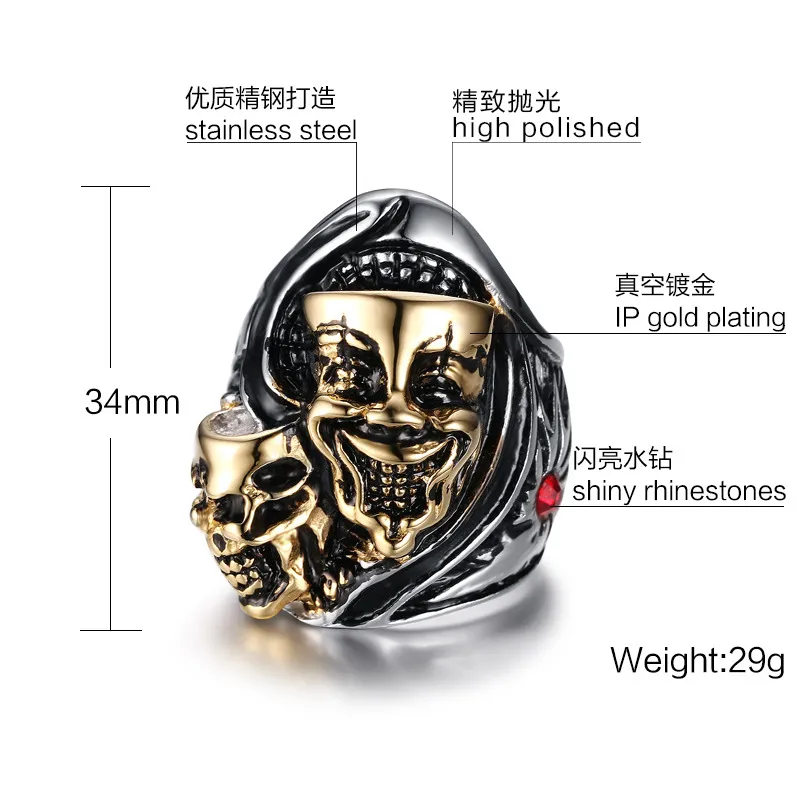 Men Punk Ring Stainless Steel IP Gold Plated Rhinestones Vintage Hip Hop Jewelry Carved Geometric Hipsters Necessities Accessories Size 8-12