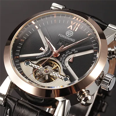 Tourbillon Wrap hommes montres montre automatique boîtier doré calendrier mâle horloge noir montre mécanique Relogio Masculino263R