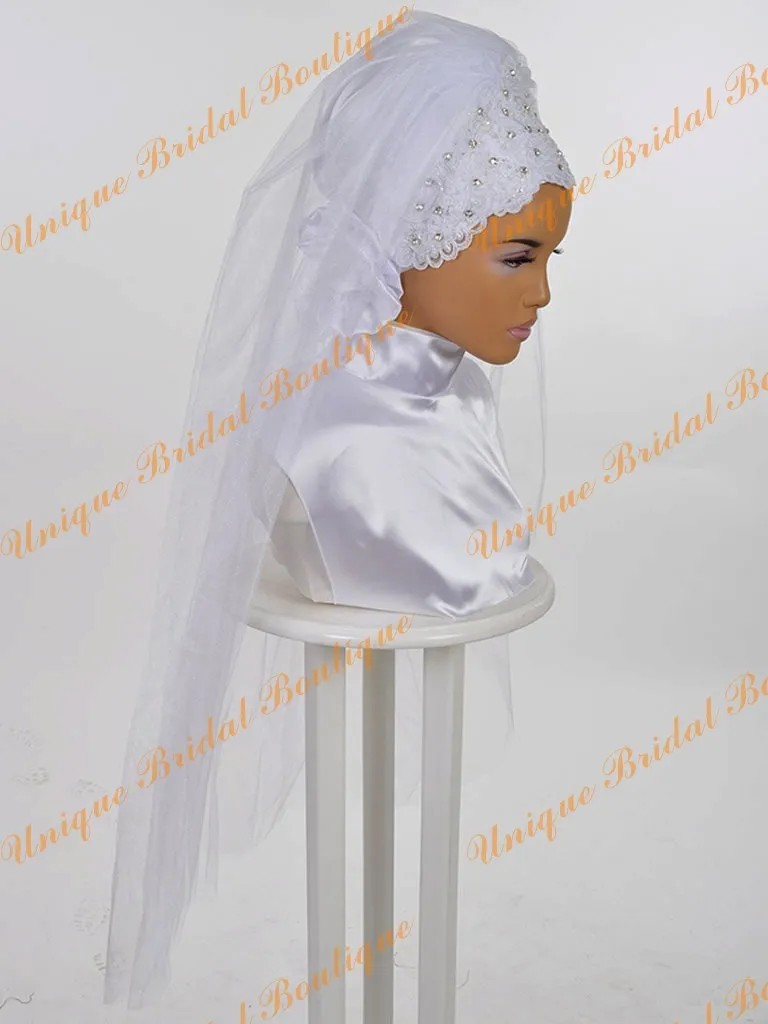 2016 الحجاب الزفاف مع بلورات الراين والدانتيل يزين التفاصيل صور حقيقية اللؤلؤ الأبيض مسلم الزفاف الحجاب مخصص