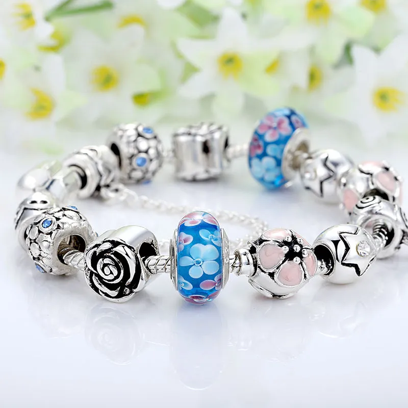 European 925 Silver Charms Armband DIY With Flower Bead Women Christmas Jewelry Uropean Style Silver Plated Bead Armband HJ111