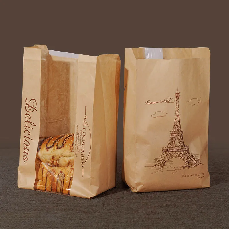 33x16x11cm Food Grade Kraft Paper Cookie Toast Bread Bag with window Brown Printed Package for Bakery Eiffel Tower 3930048