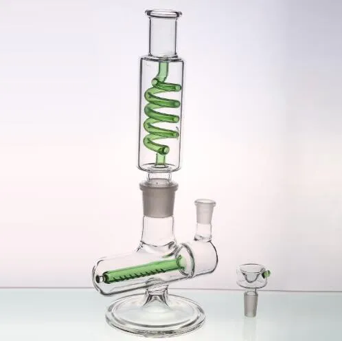 Bubblers Bongs 물 파이프 코일 퍼크 인라인 퍼크 그린 그린 봉 석유 굴뚝 코일 봄 퍼크 Recyler 오일 조작 유리 봉 흡연 파이프