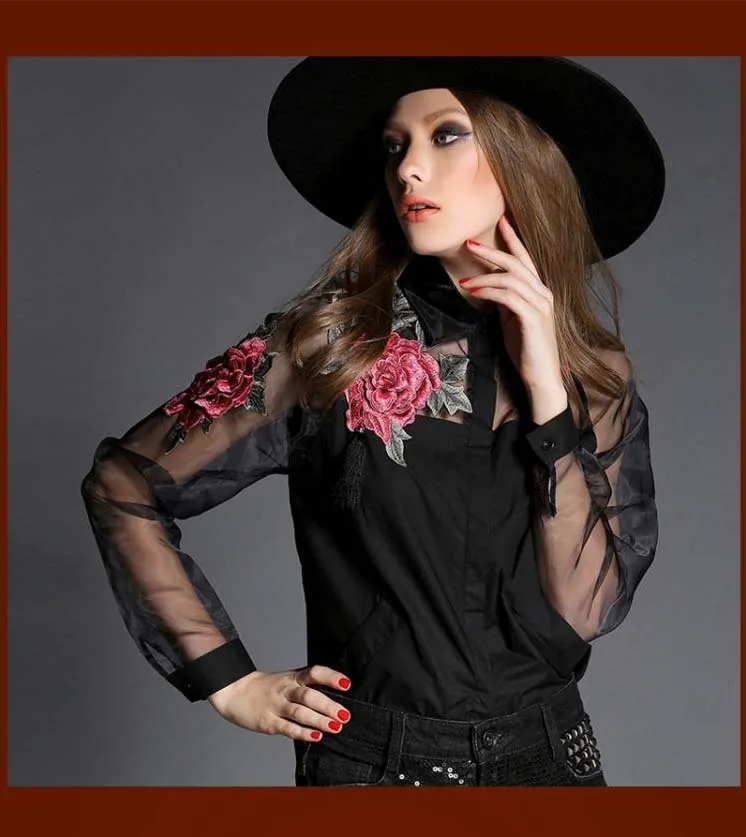 NUEVA LLEGADA MUJER CUELLO ABAJO MODA EURO BORDADO FLORES ORGANZA ALGODÓN BLUSA DE MUJER SEÑORA ELEGANTE CAMISA CASUAL BLUSA