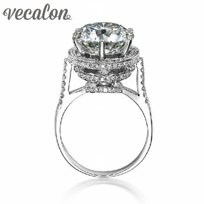 Vecalon 2016 varumärkesdesign kvinnlig kronring 5ct simulerad diamant Cz 925 Sterling Silver Förlovningsring för vigselring för kvinnor